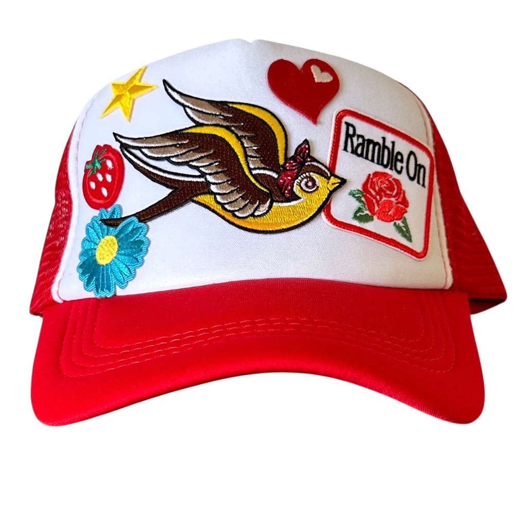 Colorful Retro Swallow Trucker Hat with Embroidered Patches